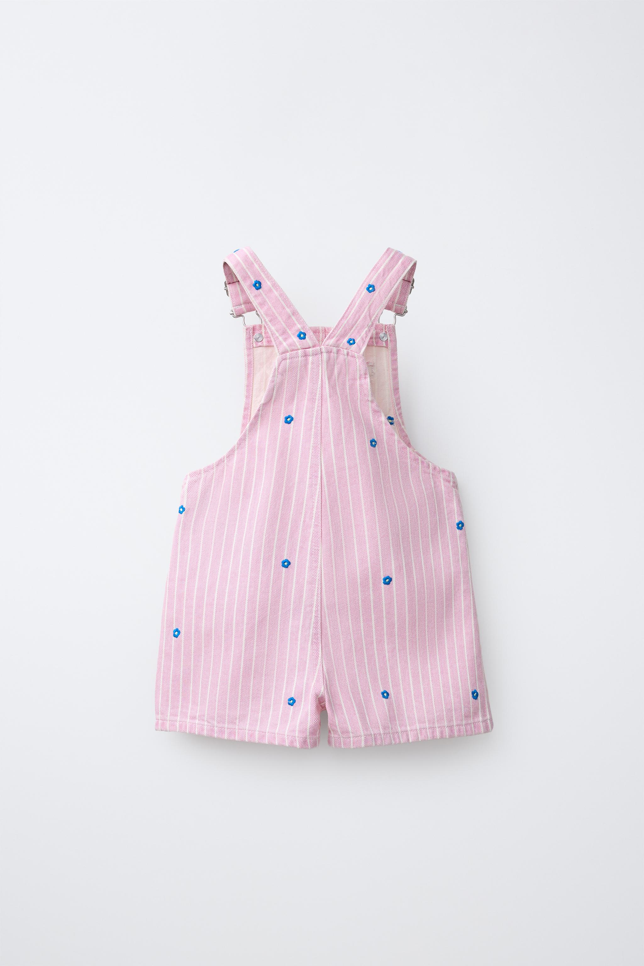 STRIPED & EMBROIDERED FLORAL TWILL OVERALL SHORTS